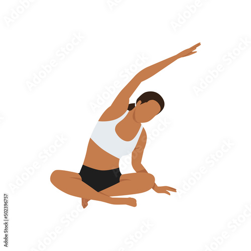 Woman doing seated side bend pose parsva sukhasana exercise. Flat vector illustration isolated on white background photo
