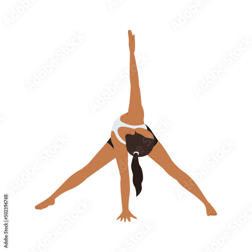 Woman doing wide legged forward bend twist pose parivrtta prasarita padottanasana exercise. Flat vector illustration isolated on white background