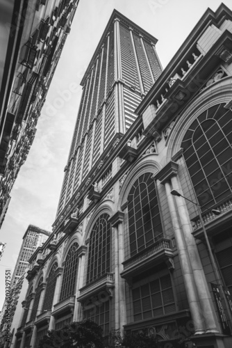 Low angle shot of builings in Chicago, USA, in black and white colors photo