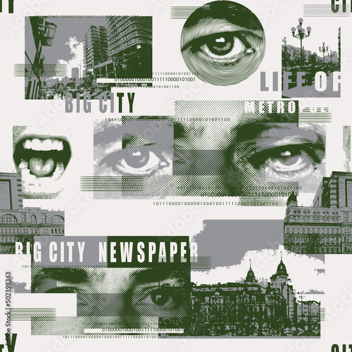 Abstract seamless pattern with human eyes, headlines, fragments of urban landscapes. Chaotic vector background on the theme of city life. Suitable for wallpaper, wrapping paper, fabric in modern style