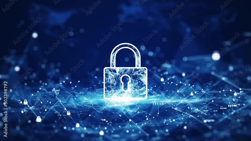 cybersecurity data protection technology concept There is a large padlock in the middle with a dark blue background. And the security system is attacked, destroyed, unlocked with a red background.