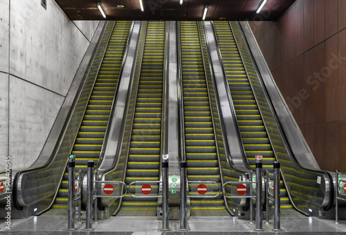 Photography View of empty escalators in a metro station at Fovam her in Budapest, Hungary