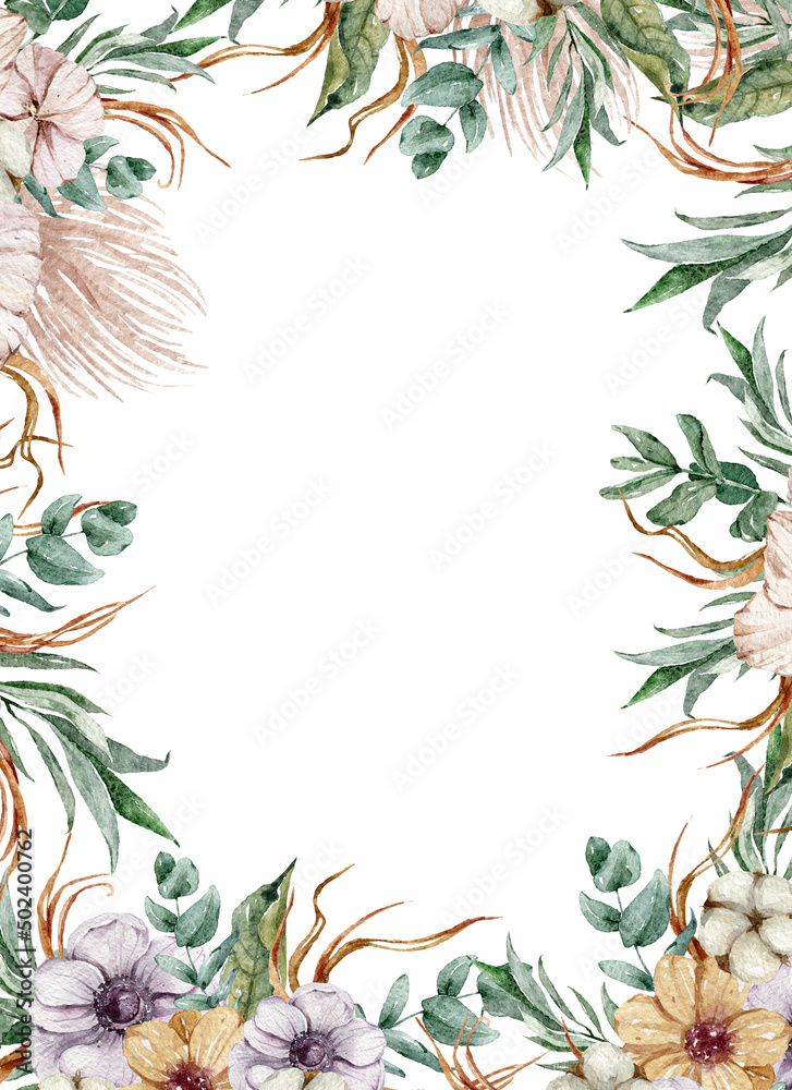 Obraz premium Hand painted watercolor eucalyptus and cotton wedding frame clipart. Yellow leaves, dried flowers, branches. Can be used for wedding invitation, sublimation, print, fabric textile design, scrapbooking