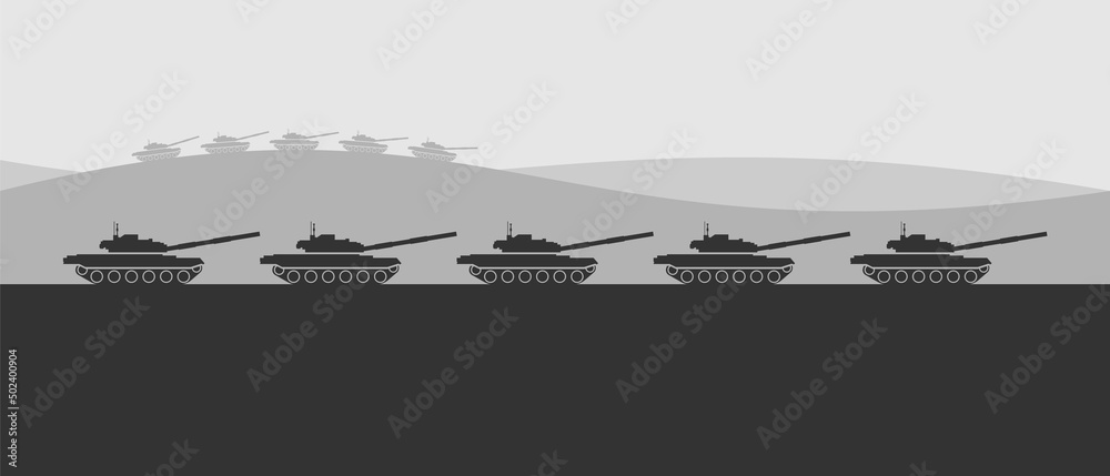 Poster Battle tank column black and white vector illustration. – Wall ...
