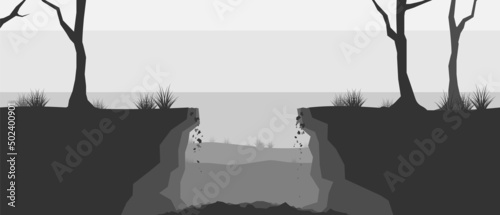 Ledge chasm black and white vector illustration.