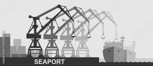 Seaport and port cranes black and white vector icon.