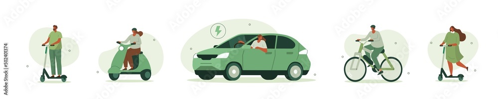 Electric transportation illustration set. Characters driving electric car, bike, scooter and motorcycle. Eco friendly vehicle concept. Vector illustration. - obrazy, fototapety, plakaty 