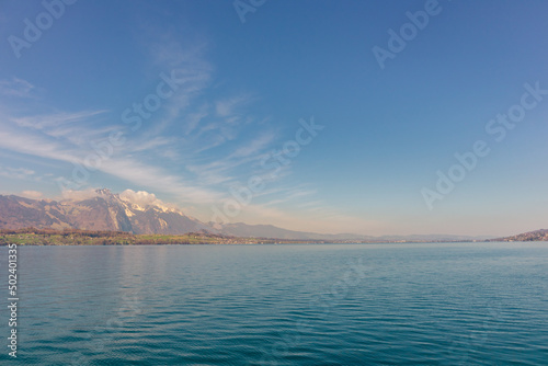 Switzerland wonderful spring landscape with lakes and high mountains and a bright sky in the morning beautiful natural landscape.