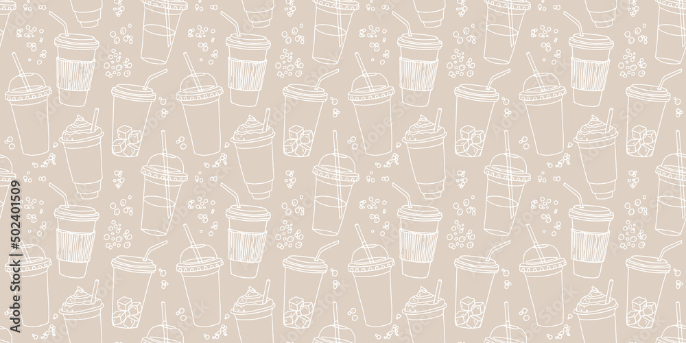 Hand drawn seamless pattern with coffee cups various shapes with drinking straws. Beige and white linear funny background. Hand drawn seamless pattern with coffee cups various shapes with drinking straws. Beige and white linear funny background.
