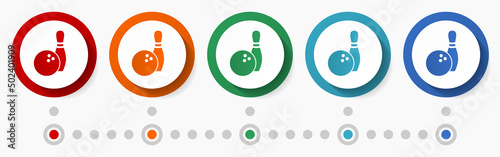 Bowling concept vector icon set, infographic template, flat design circle colorful web buttons in 5 color options