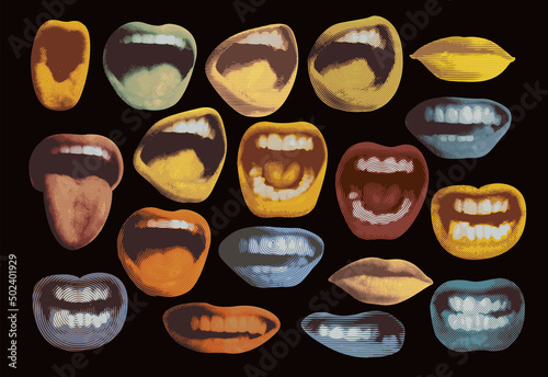 Vector set of bright stickers with colored lips that smile and show tongue and teeth. Retro-style poster with collection of surprised, excited, angry, singing, screaming human mouths isolated on black