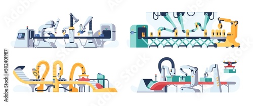 Assembly line. Automatic robotic production process. Electronic packing conveyor machines with hydraulic cranes and manipulators. Factory manufacturing. Vector industrial equipment set