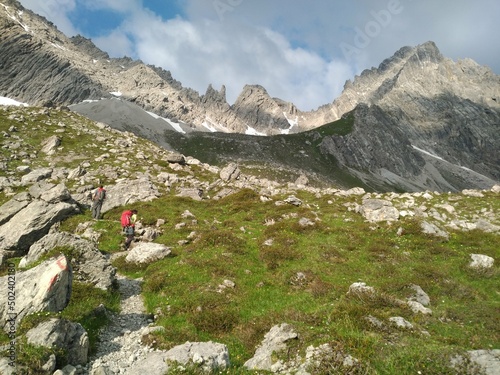 Hiking on the Austrian Alps towards the Piz Buin