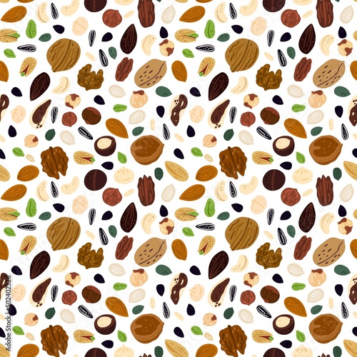Cartoon nuts seamless pattern. Vegan superfood. Peeled or unpeeled walnuts. Pistachios and hazelnuts. Healthy nutrition. Food products. Pumpkin or sunflower seeds. Vector background