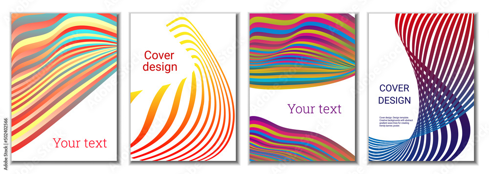 A set of 4 abstract covers. Wavy parallel gradient lines, ribbons evolve. Cover design, background. Trendy banner, poster. A set of 4 abstract covers. Wavy parallel gradient lines, ribbons evolve. Cover design, background. Trendy banner, poster.