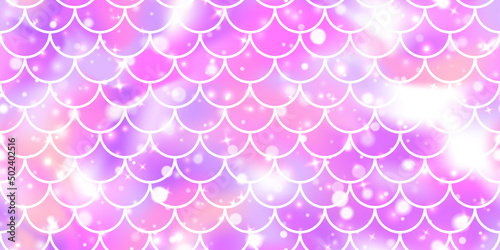 Holographic soft purple neon mermaid scale seamless pattern. Blurred foil pastel gradient vector background. Kawaii bokeh hologram. Girlie sweet unicorn backdrop from fairy tale.
