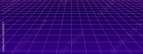 3D digital purple one point perspective grid wireframe. Empty geometric cyberspace studio floor background. Virtual three dimension scene. Easy guide architecture template