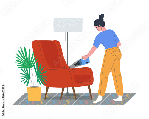 A woman vacuums a chair with a car vacuum cleaner. Cleaning in the apartment. Flat vector illustration. Eps10
