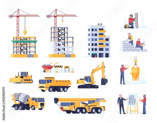 Construction process. Machines and technics. Architect, welder and builder. Unfinished house. Crane or excavator. Building transport. Concrete mixer. Vector housing development set