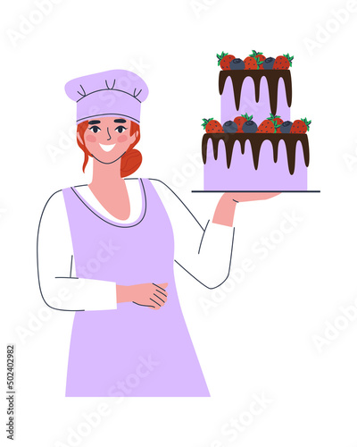 A confectioner girl in uniform holds a tall cake with berries in her hand. Professional work. Home confectioner. Flat vector illustration. Eps10