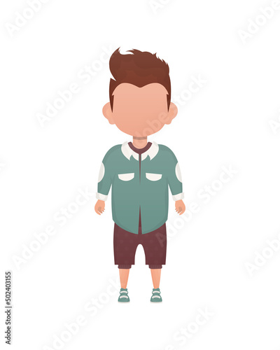Little boy stands in full growth. Isolated. Cartoon style.