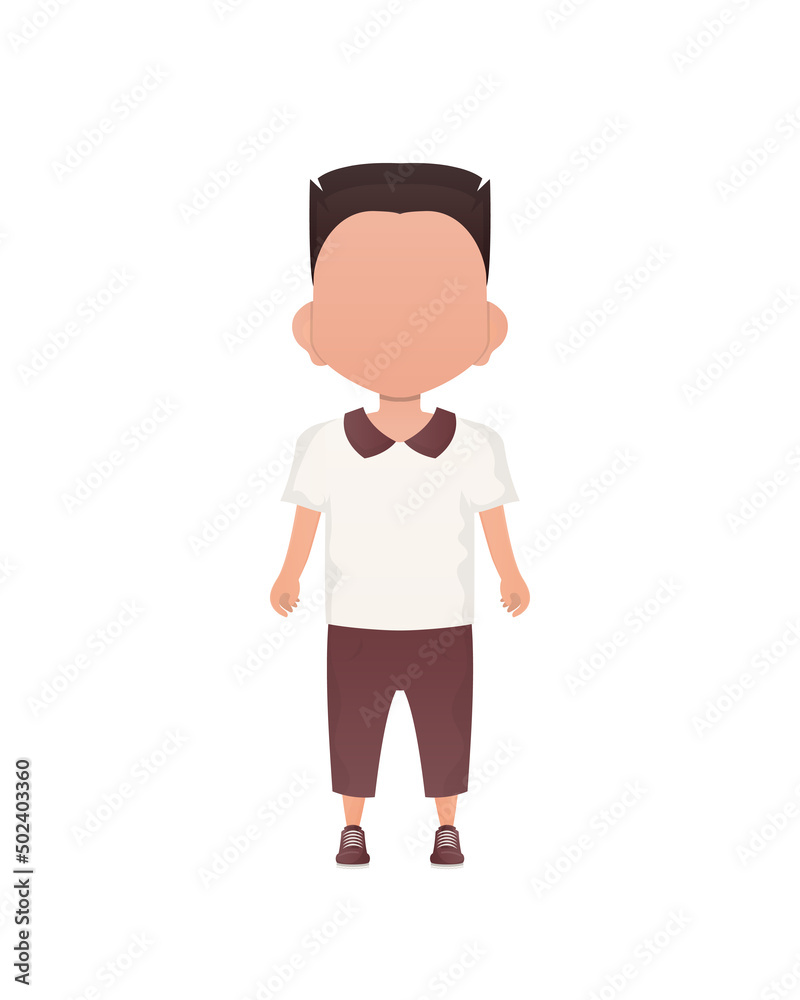 Cute boy stands in full growth. Isolated. Cartoon style.