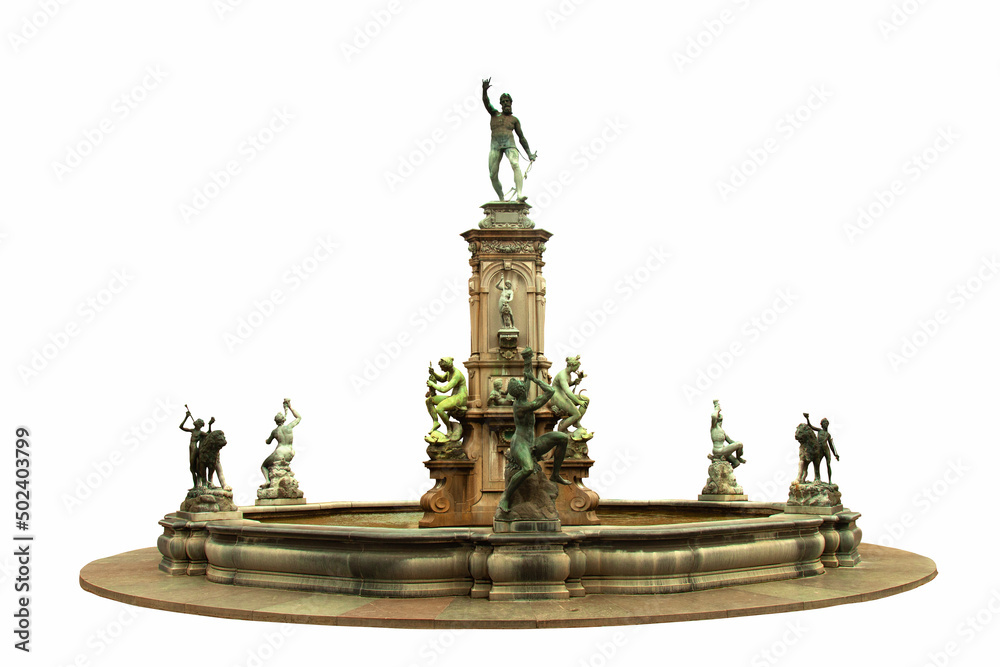 Fototapeta premium Ancient fountain with Neptune in Rosenborg (Copenhagen, Denmark). Isolated on white background.
