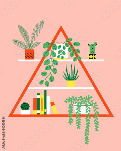 Illustration with home plants on triangle shelf
