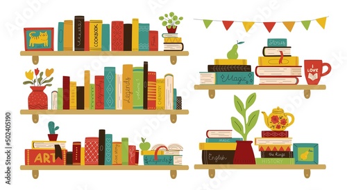 Interior bookshelves. Home library. Color rows and stacks with different titles. Poetry, prose and novels. Room walls details. Dictionaries and textbooks. Vector literature elements set