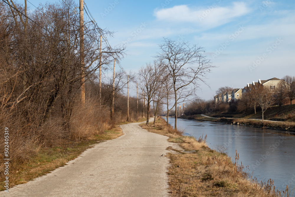 Empty Trail along the Canal in Suburban Lemont Illinois during Autumn Empty Trail along the Canal in Suburban Lemont Illinois during Autumn