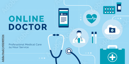 Online doctor banner with medical objects