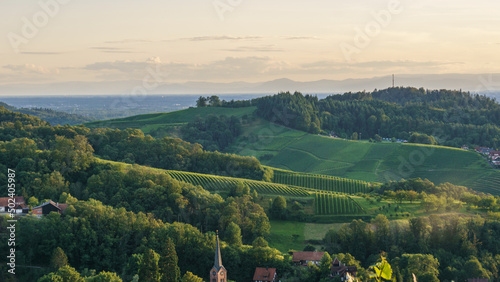 Golden sunset over beautiful landscape with the wine fields of the Black Forest, Sasbachwalden, Germany