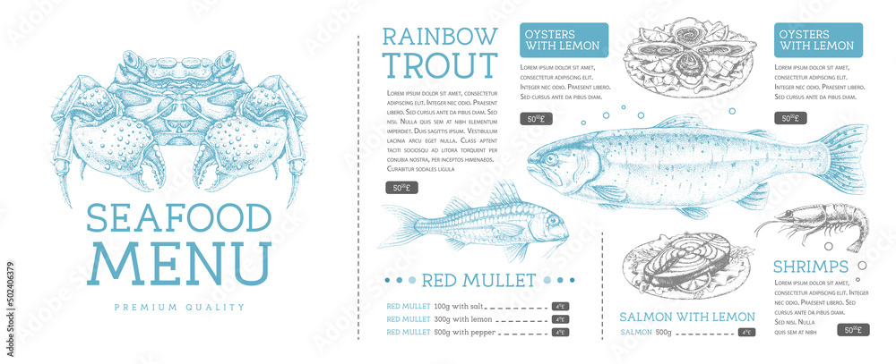 Seafood restaurant menu design with hand drawing fish. Vector illustration Seafood restaurant menu design with hand drawing fish. Vector illustration