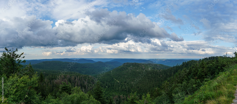 view from Hornisgrinde at hills full of trees under a cloudy sky on a sunny day in the Black Forest, Germany