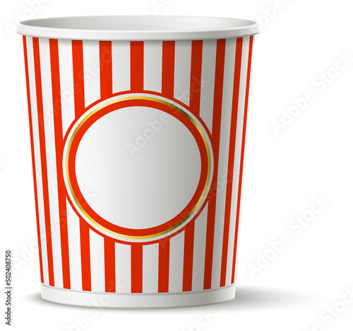 Round popcorn bucket. Striped disposable snack package mockup