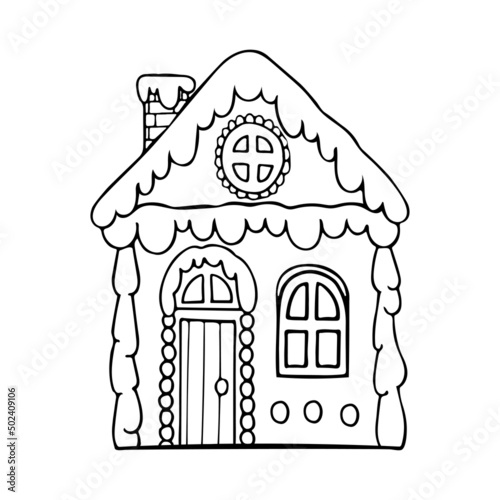 Christmas gingerbread house vector coloring page. Sweet festive cookies with decorations. Hand drawn line art winter illustration. Happy holiday. Coloring book for children and adults.