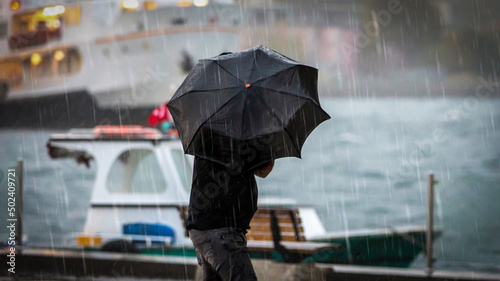 Photography Male holding umbrella by the sea on a rainy day