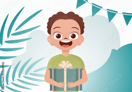 A little boy is holding a big beautiful box with a bow. Birthday. Cartoon style.