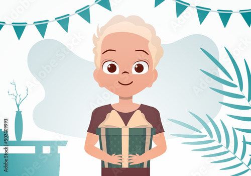 A little boy is holding a beautiful box. Birthday. Cartoon style.