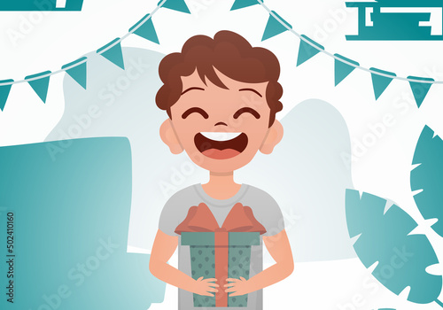 A little boy is holding a beautiful box in his hands. Birthday. Cartoon style.