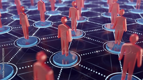 Graphic Representation of a Social Network. A group of human figures with different genders are arranged above of interconnected cell nodes. 3D rendering animation on the theme of Social Relations.