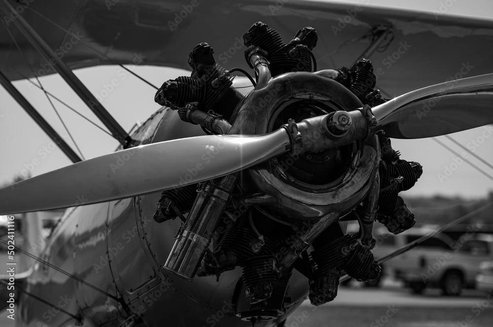 Grayscale image of a radial engine of the military trainer aircraft ...