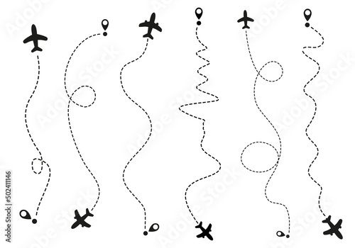 Airplane routes on white background. Romantic travel concept. Airplane line path, vector icon of air plane flight route on white background. Vector illustration.