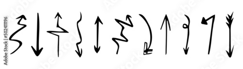 Hand drawn set of arrows. Collection black arrow on white background. Vector illustration.