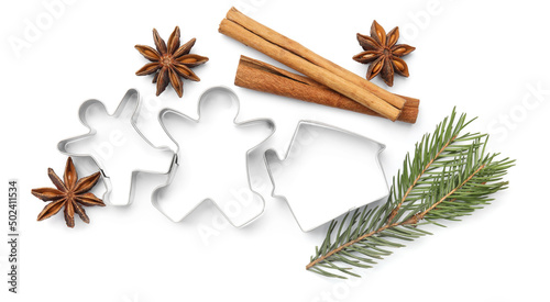 Different cookie cutters, cinnamon sticks, fir branch and anise stars on white background, top view