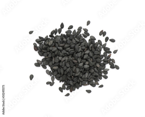 Heap of black sesame seeds on white background, top view