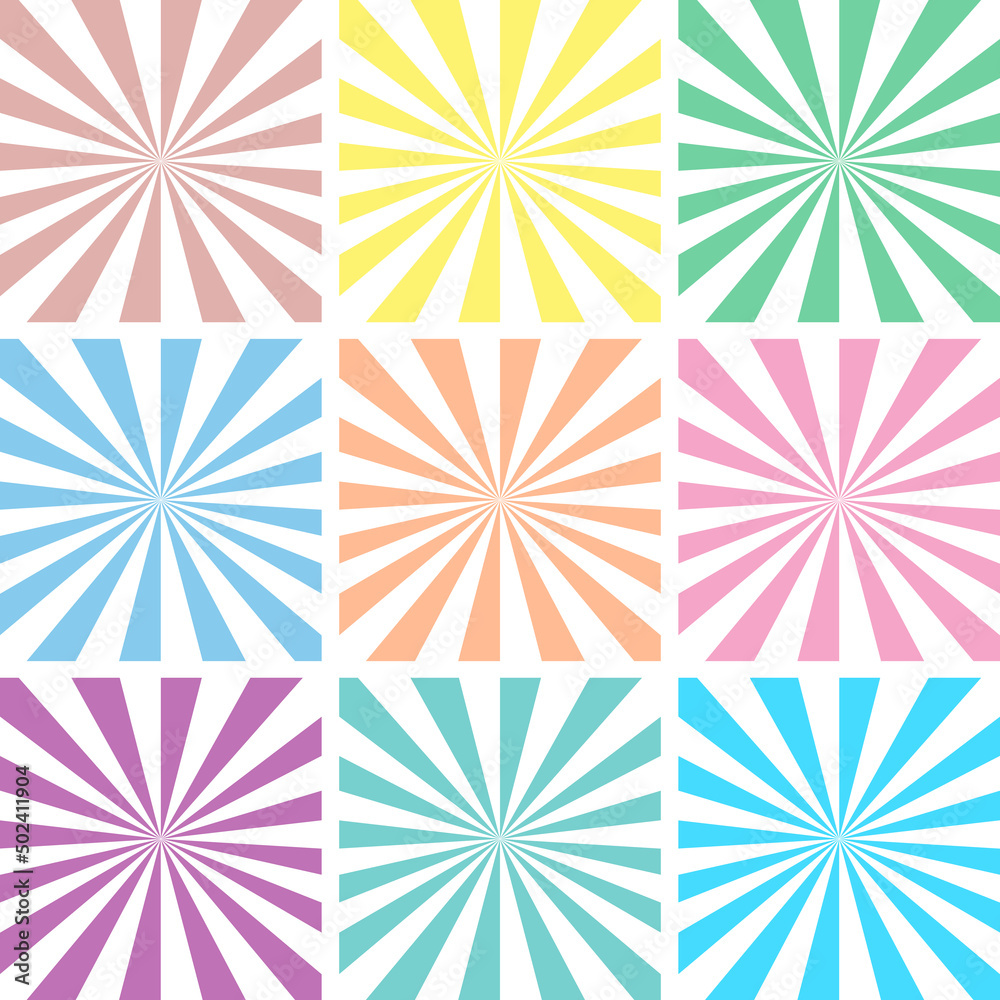 Set of white backgrounds with color sun rays. Abstract summer sun shine. Flat vector illustration