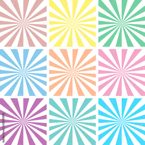 Set of white backgrounds with color sun rays. Abstract summer sun shine. Flat vector illustration