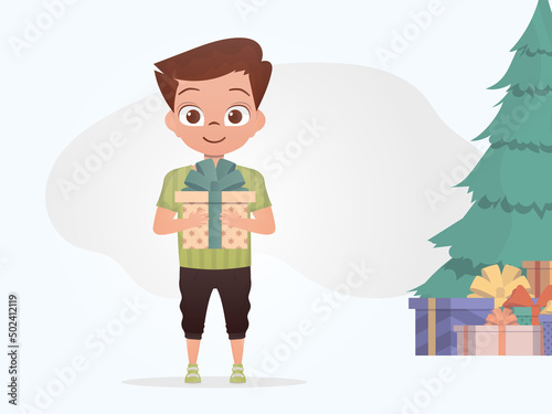 A little boy is holding a beautiful box in his hands. New Year. Cartoon style.