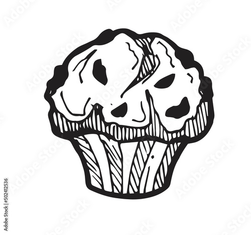 Baking cupcake with raisin streaks of cream. White sweet bread pastries. Ready dish. Food delicious. Hand drawing outline. Isolated on white background. Monochrome drawing. Vector